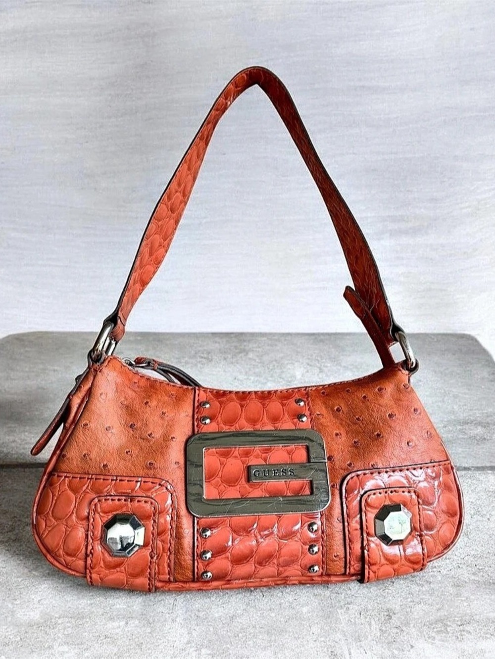 Vintage Guess Orange Faux Ostrich Leather Shoulder Bag Large Buckle Y2K